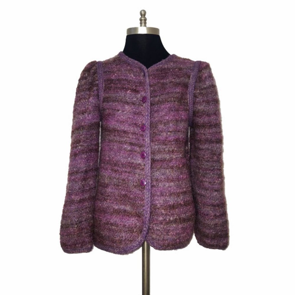 Vtg 70s 80s Mohair Puff Sleeve Cardigan Sweater S